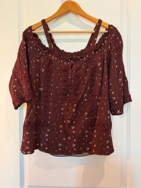 Daniel Rainn Boho Floral Peasant Blouse Brown Crochet Trim Women's Top